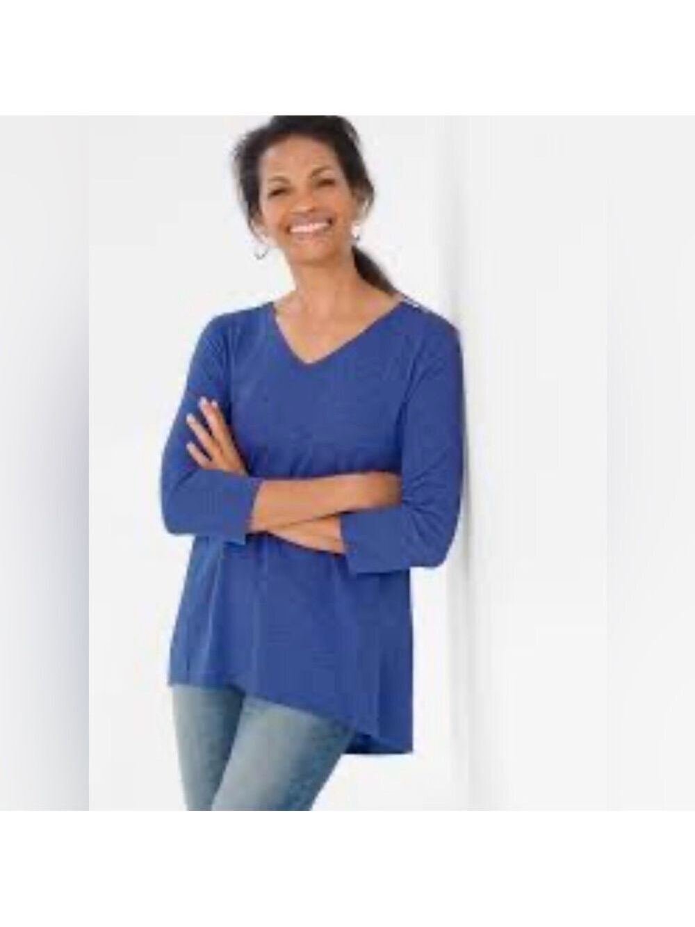 Chico’s 100% Linen V Neck Indigo Blue Roll Tab 3 Quarter Sleeve Top